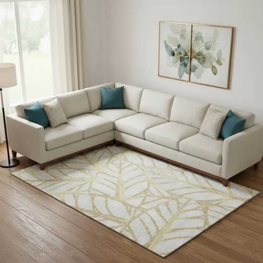 Gold And Beige Floral Washable Area Rug With UV Protection Photo 1