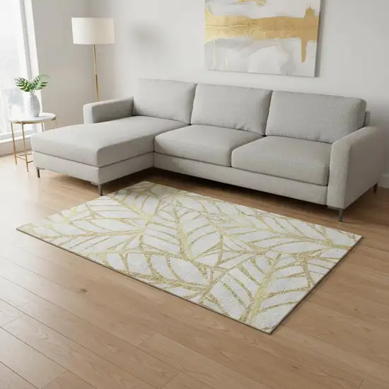 Gold And Beige Floral Washable Area Rug With UV Protection Photo 2