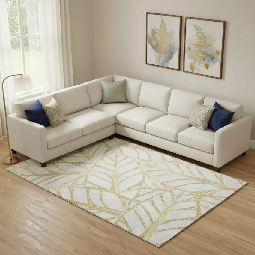 Gold And Beige Floral Washable Area Rug With UV Protection Photo 1