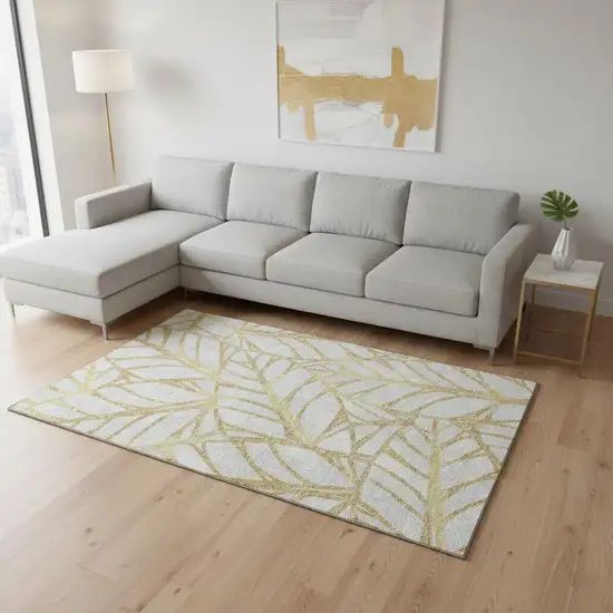 Gold And Beige Floral Washable Area Rug With UV Protection Photo 2