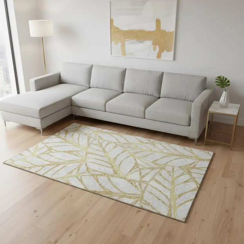 Gold And Beige Floral Washable Area Rug With UV Protection Photo 2