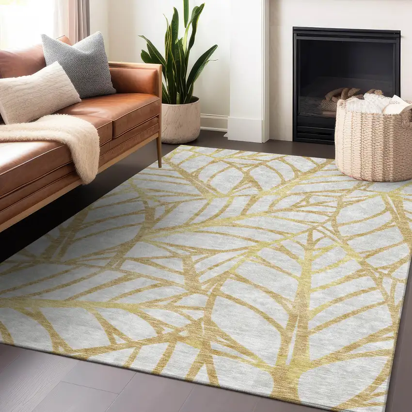 Gold And Beige Floral Washable Area Rug With UV Protection Photo 5