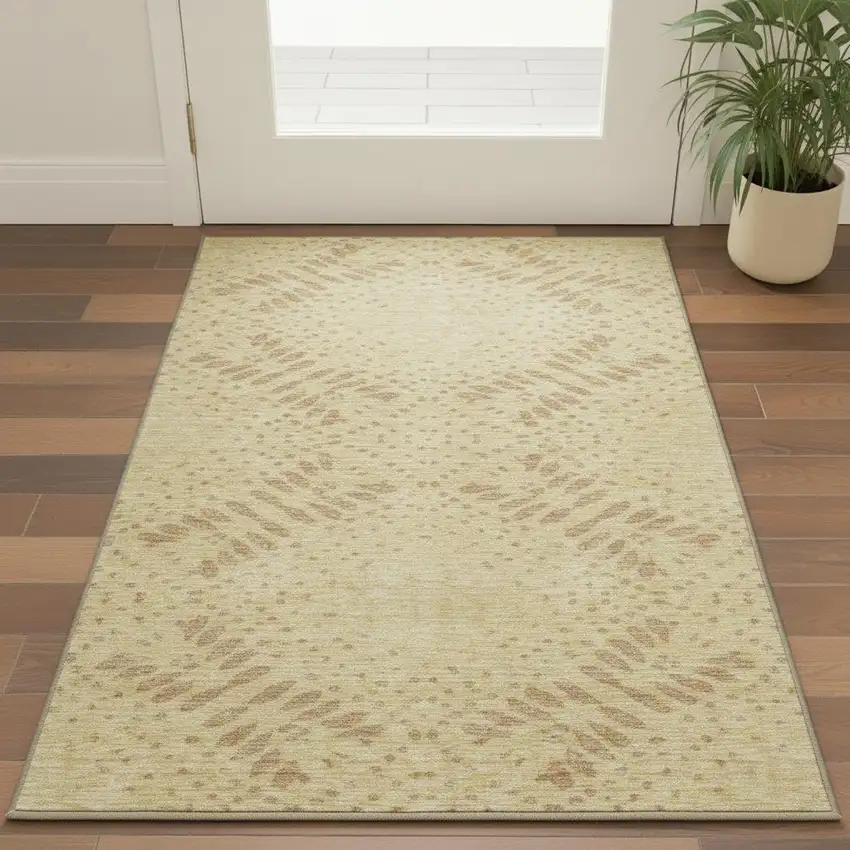 Gold And Beige Floral Washable Area Rug With UV Protection Photo 2