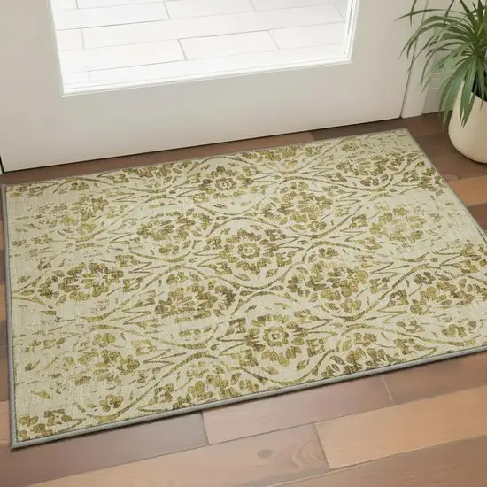 Gold And Beige Floral Washable Area Rug With UV Protection Photo 2