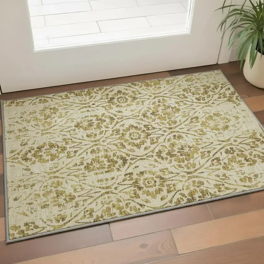 Gold And Beige Floral Washable Area Rug With UV Protection Photo 2