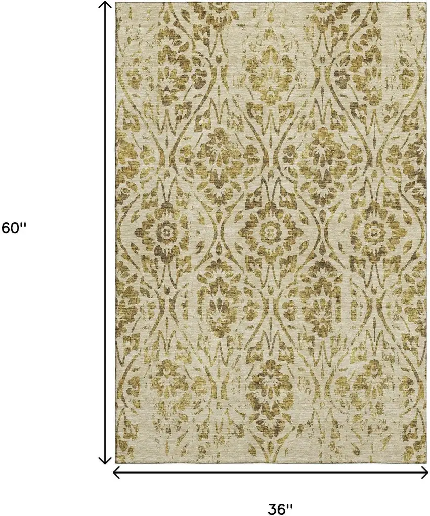 Gold And Beige Floral Washable Area Rug With UV Protection Photo 3