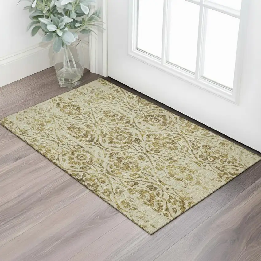 Gold And Beige Floral Washable Area Rug With UV Protection Photo 1