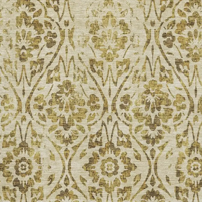 Gold And Beige Floral Washable Area Rug With UV Protection Photo 3