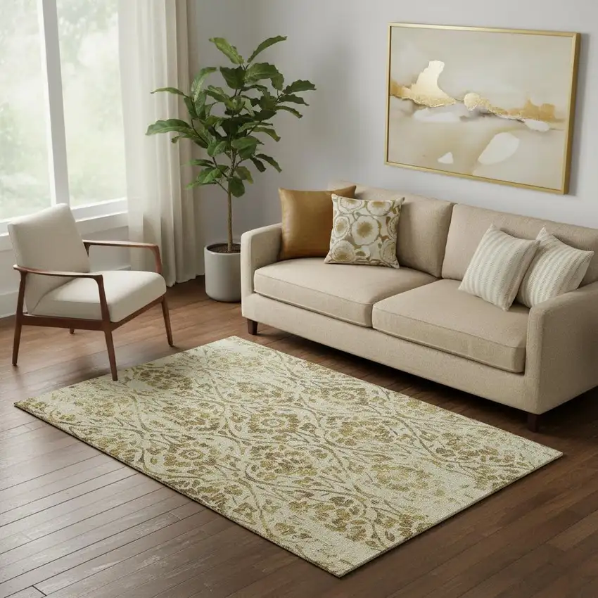 Gold And Beige Floral Washable Area Rug With UV Protection Photo 1