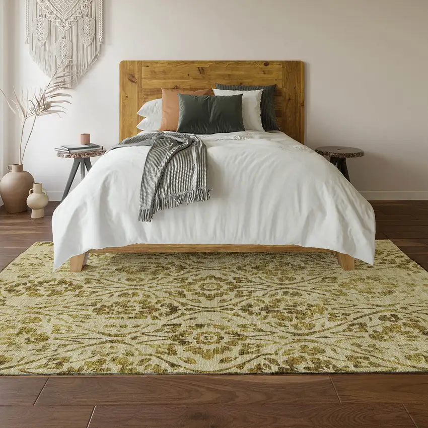 Gold And Beige Floral Washable Area Rug With UV Protection Photo 6