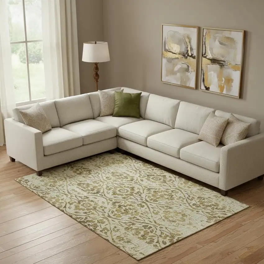 Gold And Beige Floral Washable Area Rug With UV Protection Photo 1