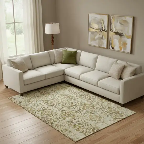 Gold And Beige Floral Washable Area Rug With UV Protection Photo 1