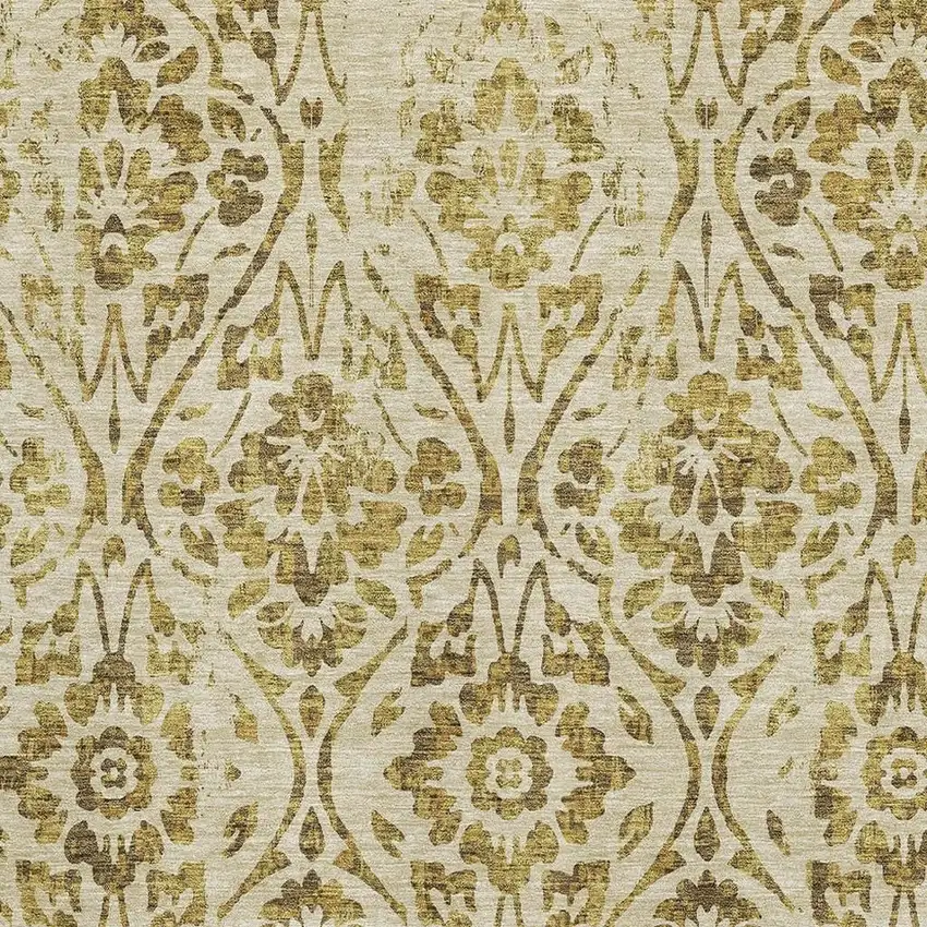 Gold And Beige Floral Washable Area Rug With UV Protection Photo 3