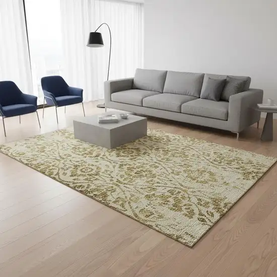 Gold And Beige Floral Washable Area Rug With UV Protection Photo 2