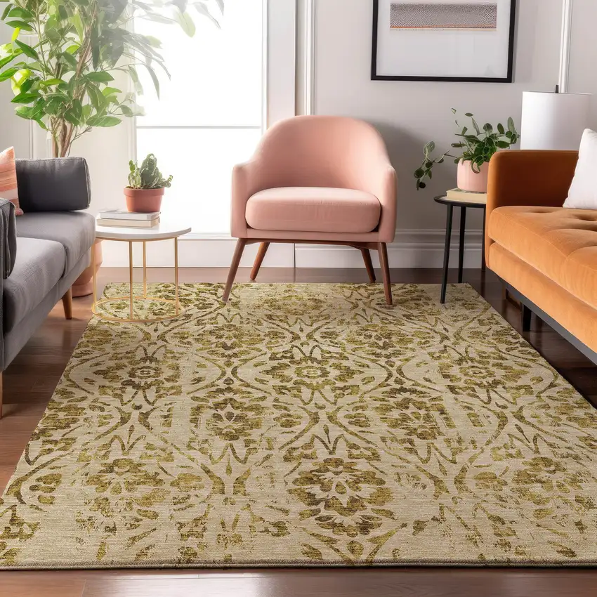 Gold And Beige Floral Washable Area Rug With UV Protection Photo 5
