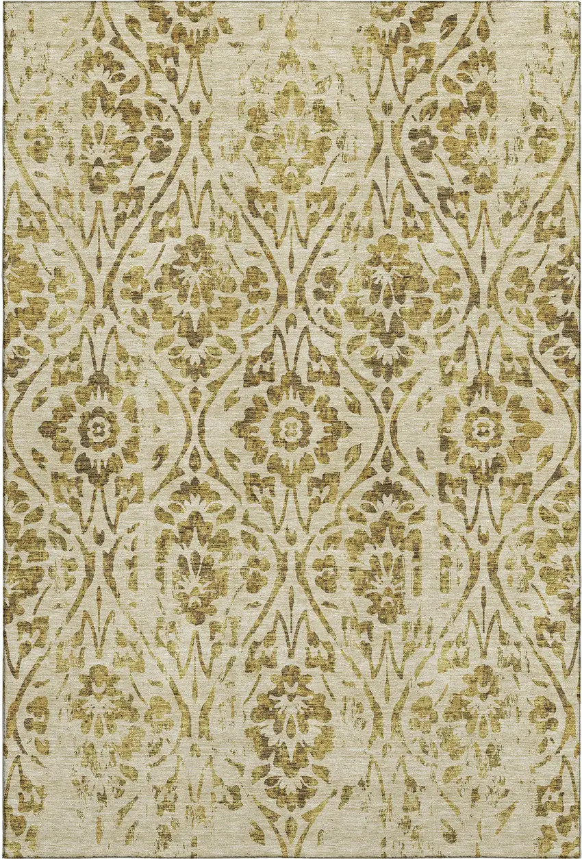 Gold And Beige Floral Washable Area Rug With UV Protection Photo 1