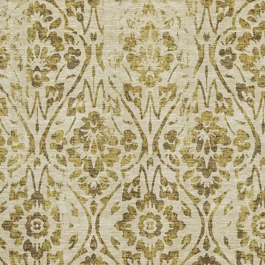 Gold And Beige Floral Washable Area Rug With UV Protection Photo 3