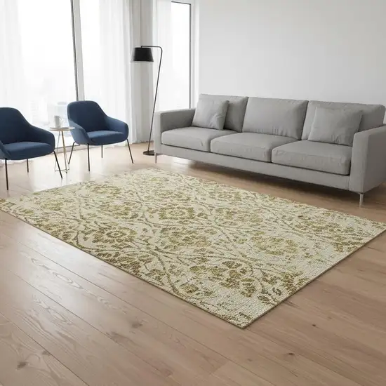 Gold And Beige Floral Washable Area Rug With UV Protection Photo 2