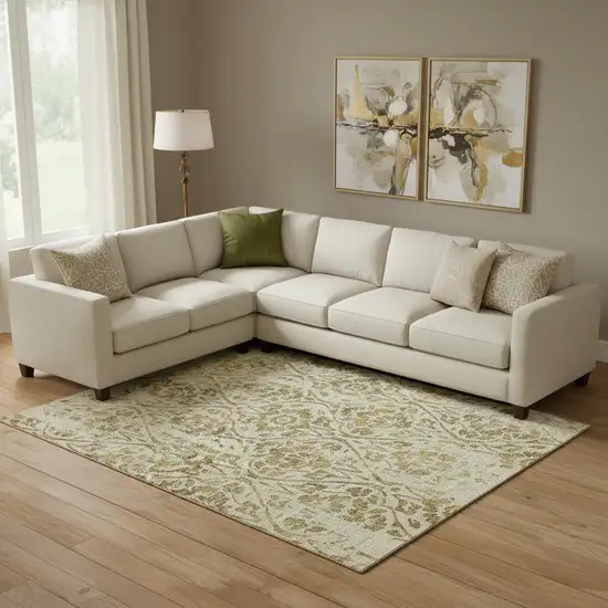 Gold And Beige Floral Washable Area Rug With UV Protection Photo 1