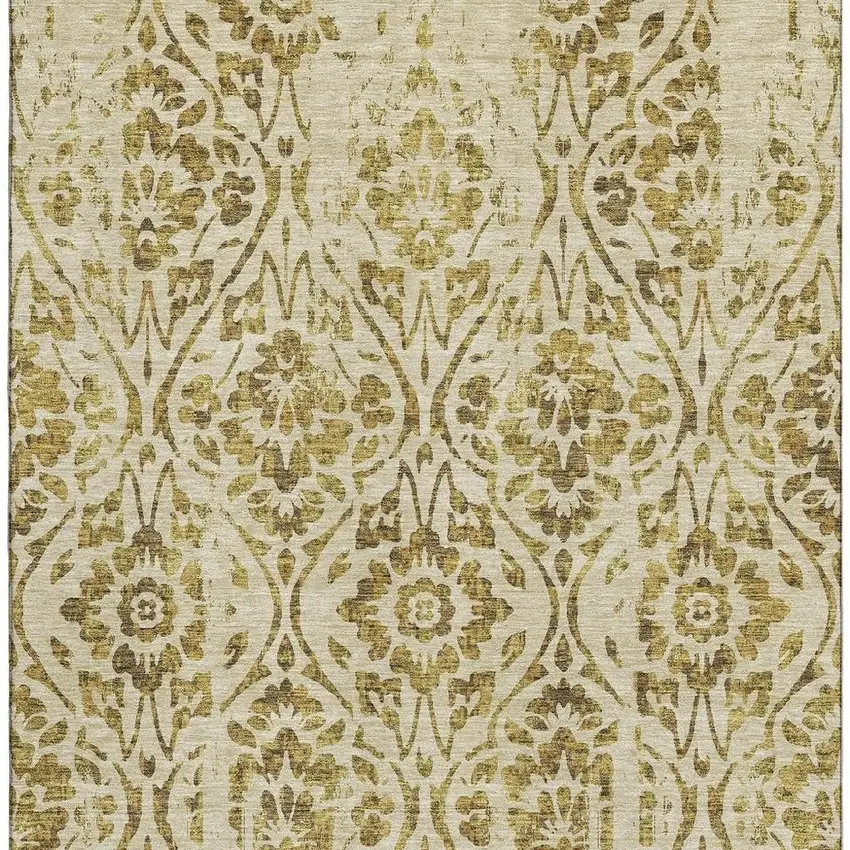 Gold And Beige Floral Washable Area Rug With UV Protection Photo 3