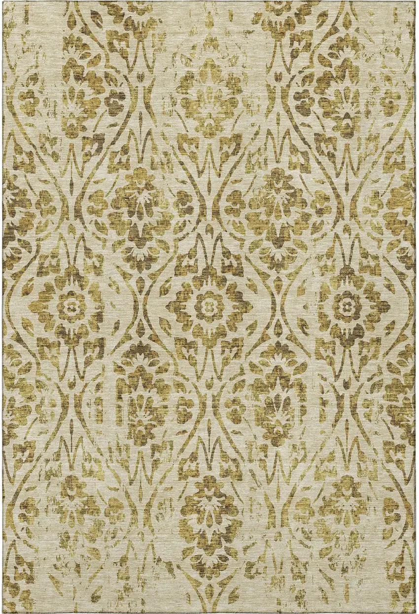 Gold And Beige Floral Washable Area Rug With UV Protection Photo 4