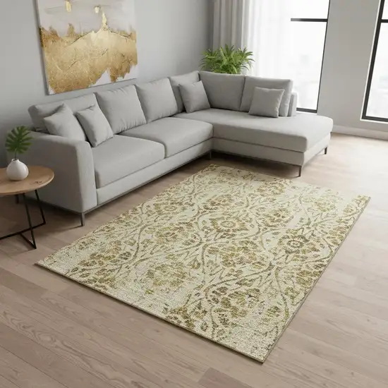 Gold And Beige Floral Washable Area Rug With UV Protection Photo 2