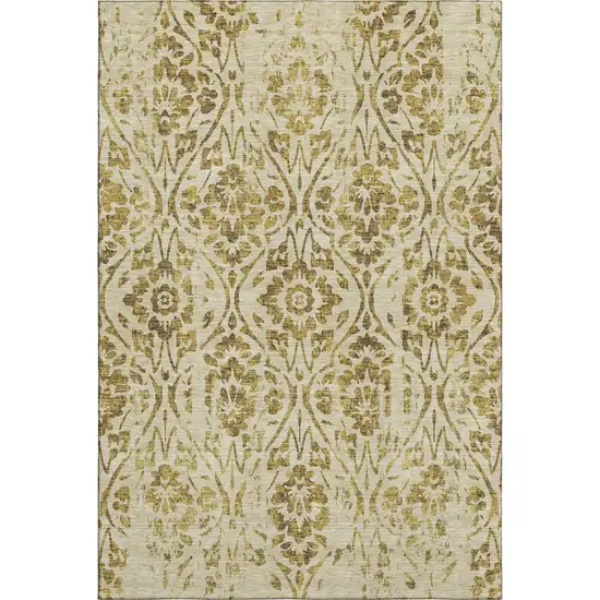 Gold And Beige Floral Washable Area Rug With UV Protection Photo 1