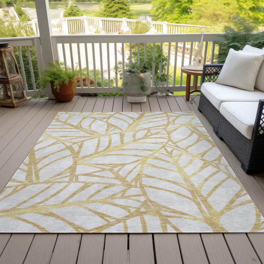 Gold And Beige Floral Washable Indoor Outdoor Area Rug Photo 8