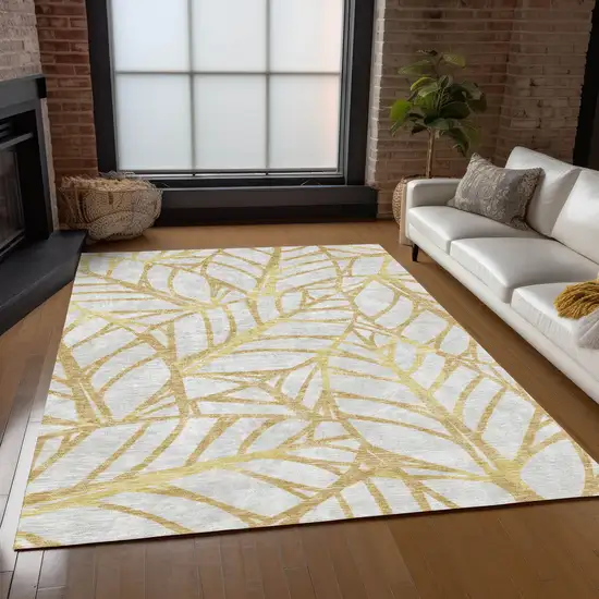 Gold And Beige Floral Washable Indoor Outdoor Area Rug Photo 9