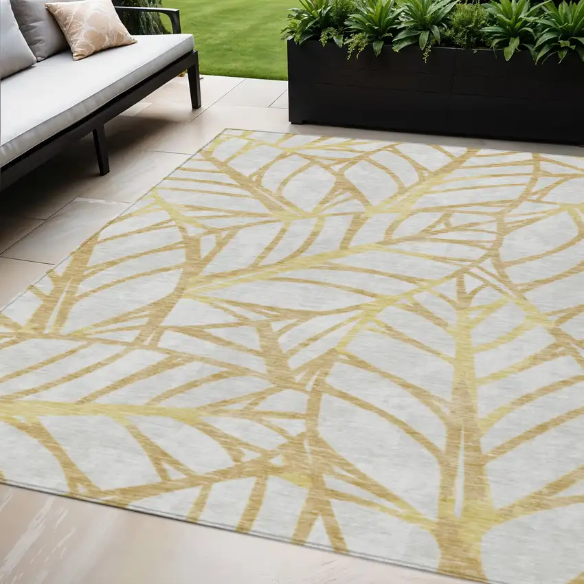 Gold And Beige Floral Washable Indoor Outdoor Area Rug Photo 1