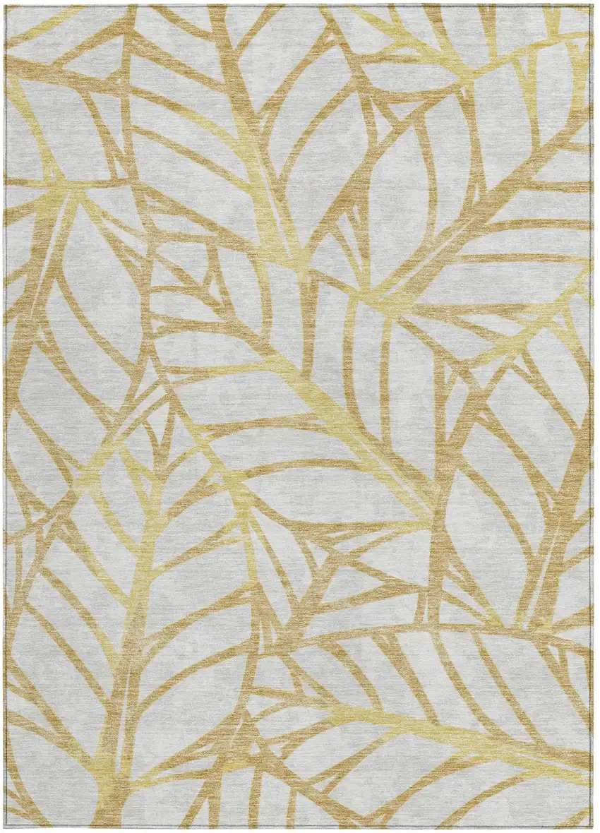 Gold And Beige Floral Washable Indoor Outdoor Area Rug Photo 7