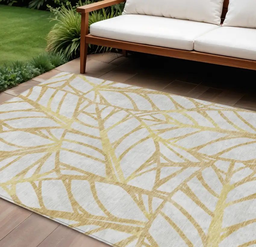 Gold And Beige Floral Washable Indoor Outdoor Area Rug Photo 1