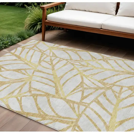 Gold And Beige Floral Washable Indoor Outdoor Area Rug Photo 1