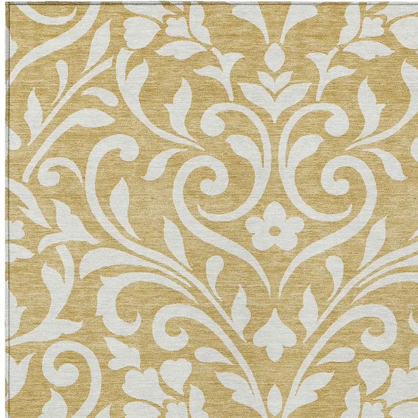 Gold And Beige Floral Washable Indoor Outdoor Area Rug Photo 6
