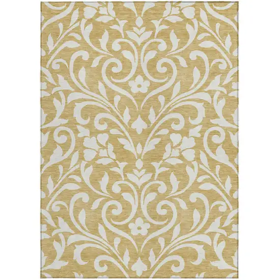 Gold And Beige Floral Washable Indoor Outdoor Area Rug Photo 7