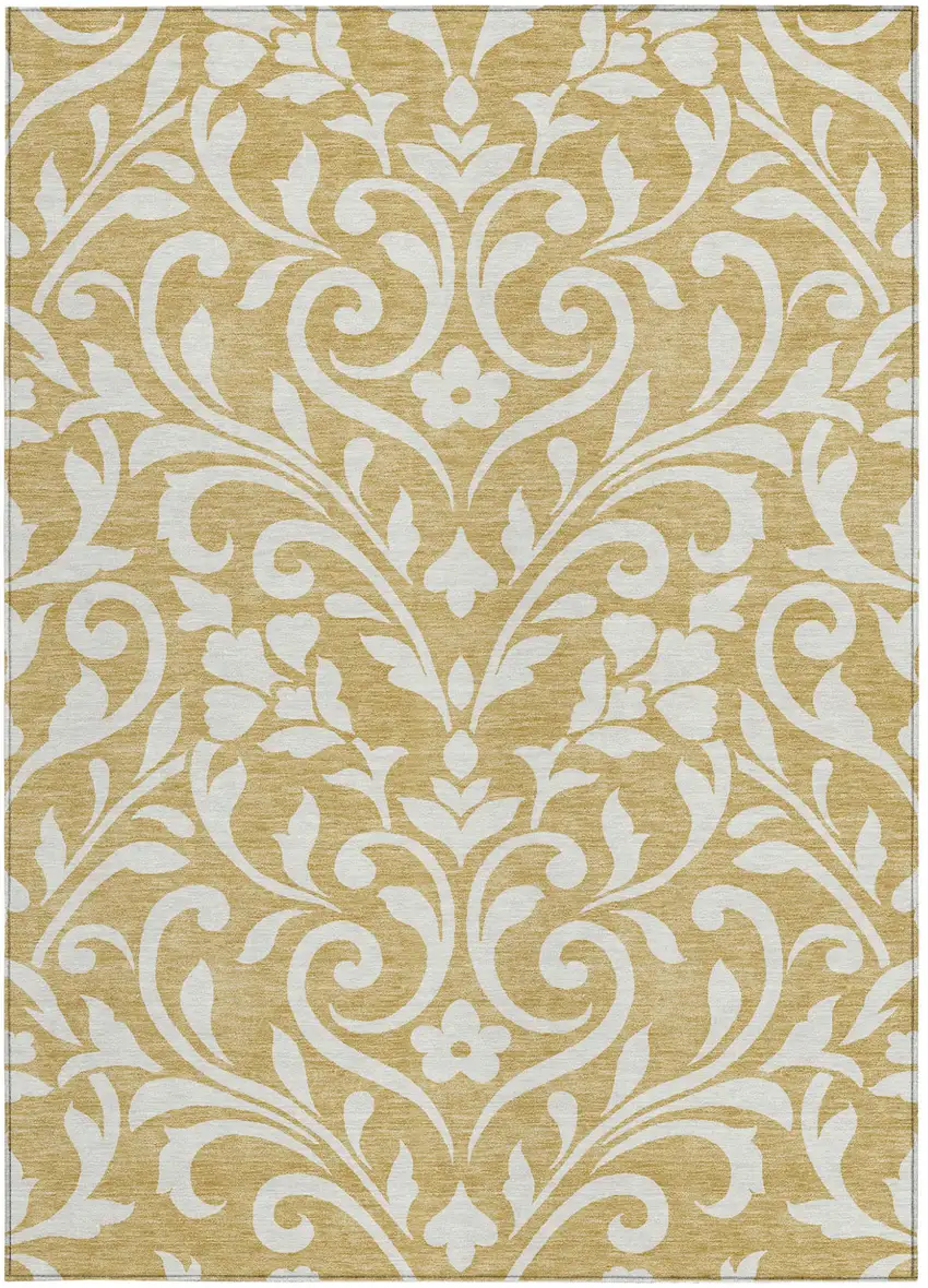 Gold And Beige Floral Washable Indoor Outdoor Area Rug Photo 7