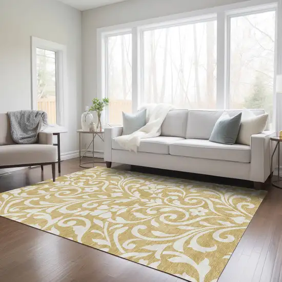 Gold And Beige Floral Washable Indoor Outdoor Area Rug Photo 9
