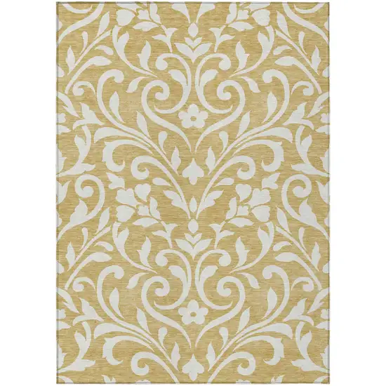 Gold And Beige Floral Washable Indoor Outdoor Area Rug Photo 2