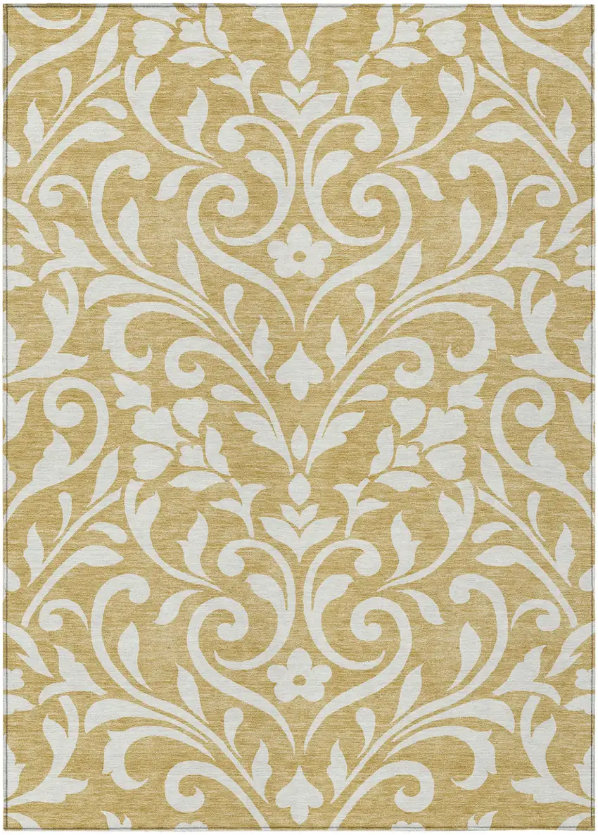 Gold And Beige Floral Washable Indoor Outdoor Area Rug Photo 2
