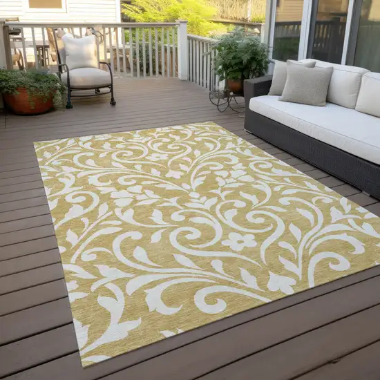 Gold And Beige Floral Washable Indoor Outdoor Area Rug Photo 9