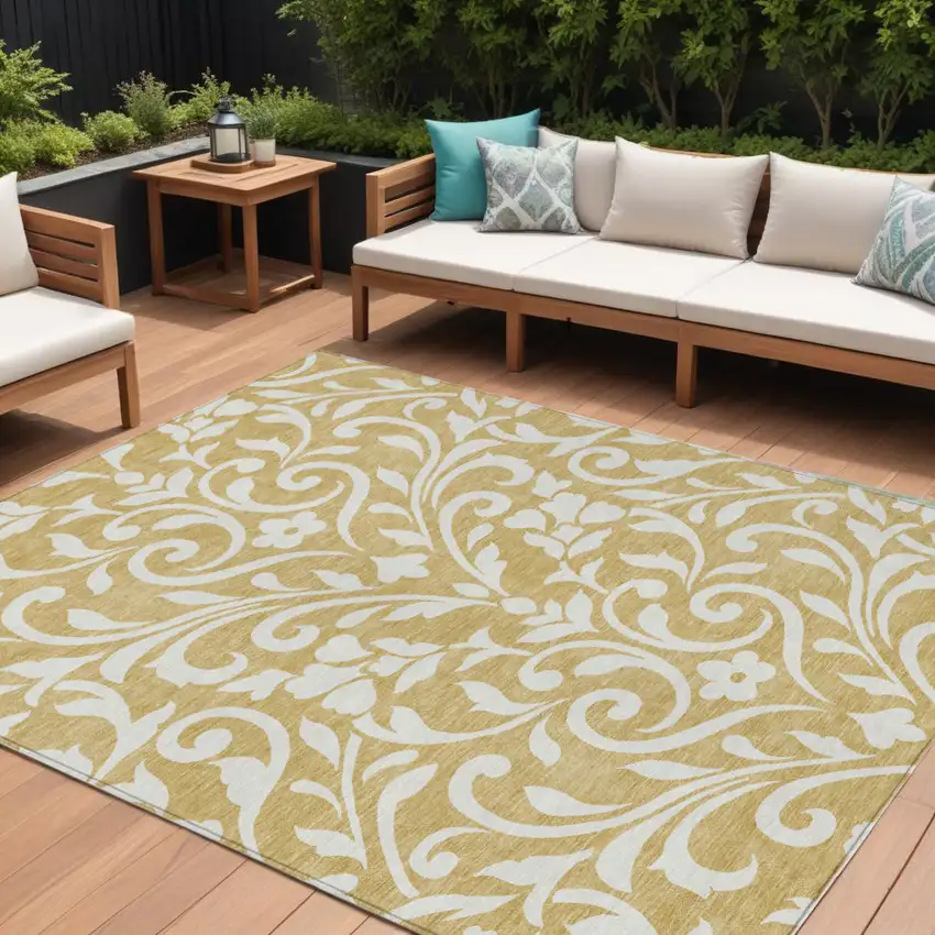 Gold And Beige Floral Washable Indoor Outdoor Area Rug Photo 1