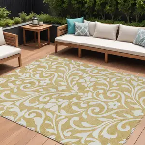 Photo of Gold And Beige Floral Washable Indoor Outdoor Area Rug