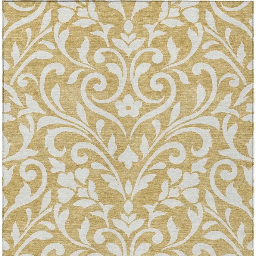 Gold And Beige Floral Washable Indoor Outdoor Area Rug Photo 7