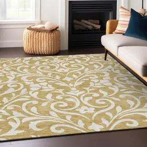 Photo of Gold And Beige Floral Washable Indoor Outdoor Area Rug