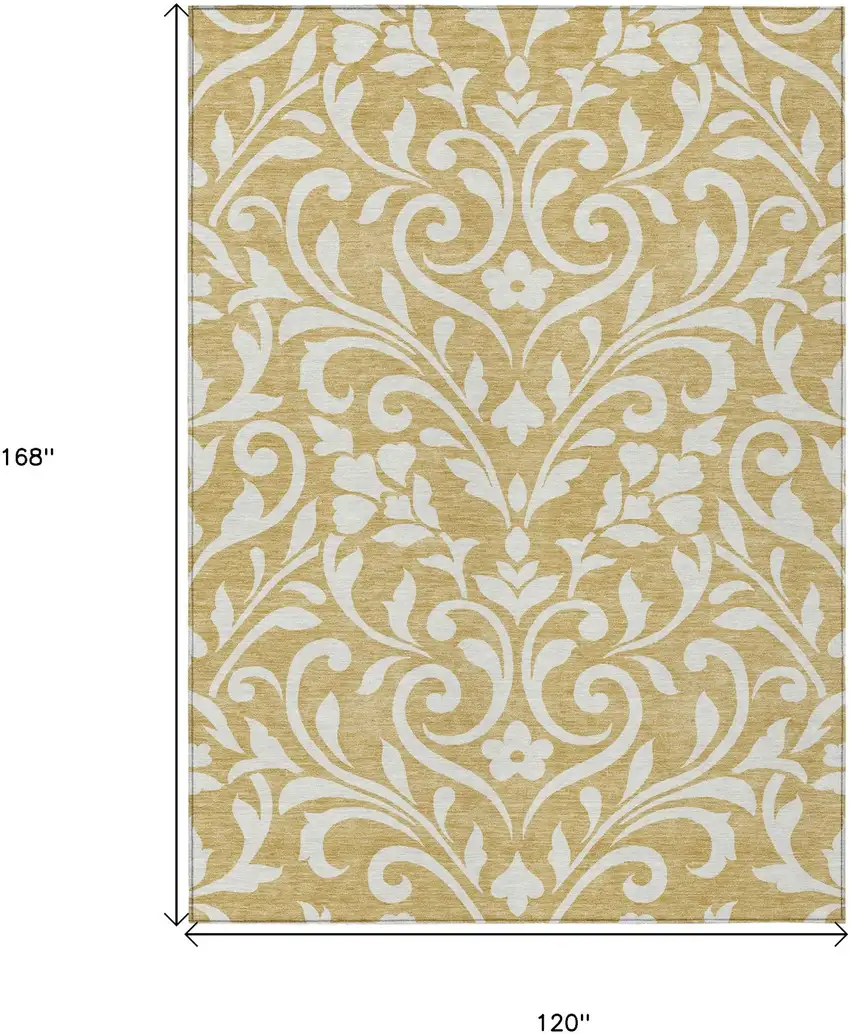 Gold And Beige Floral Washable Indoor Outdoor Area Rug Photo 3