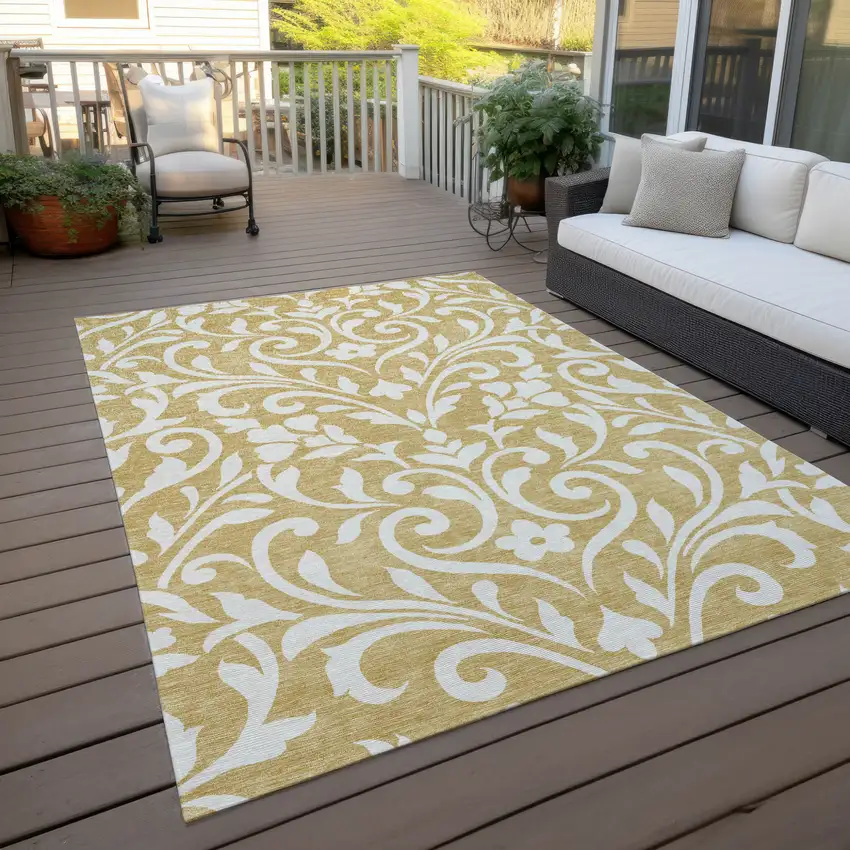 Gold And Beige Floral Washable Indoor Outdoor Area Rug Photo 9