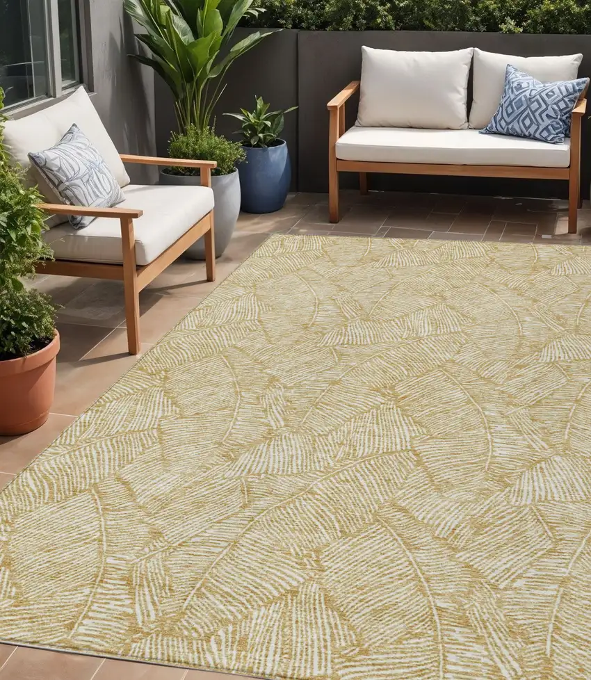 Gold And Beige Floral Washable Indoor Outdoor Area Rug Photo 1
