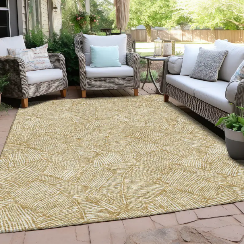Gold And Beige Floral Washable Indoor Outdoor Area Rug Photo 9