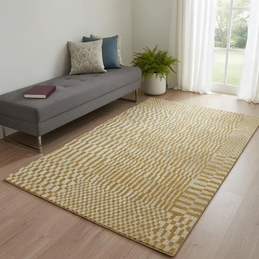 Gold And Beige Geometric Berber Washable Area Rug With UV Protection Photo 1