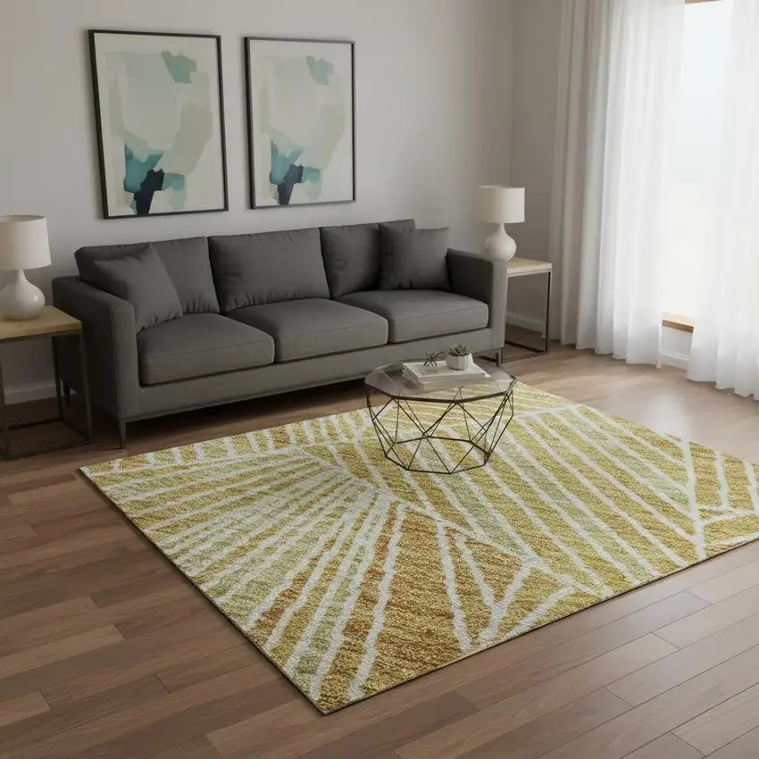 Gold And Beige Geometric Washable Area Rug With UV Protection Photo 2